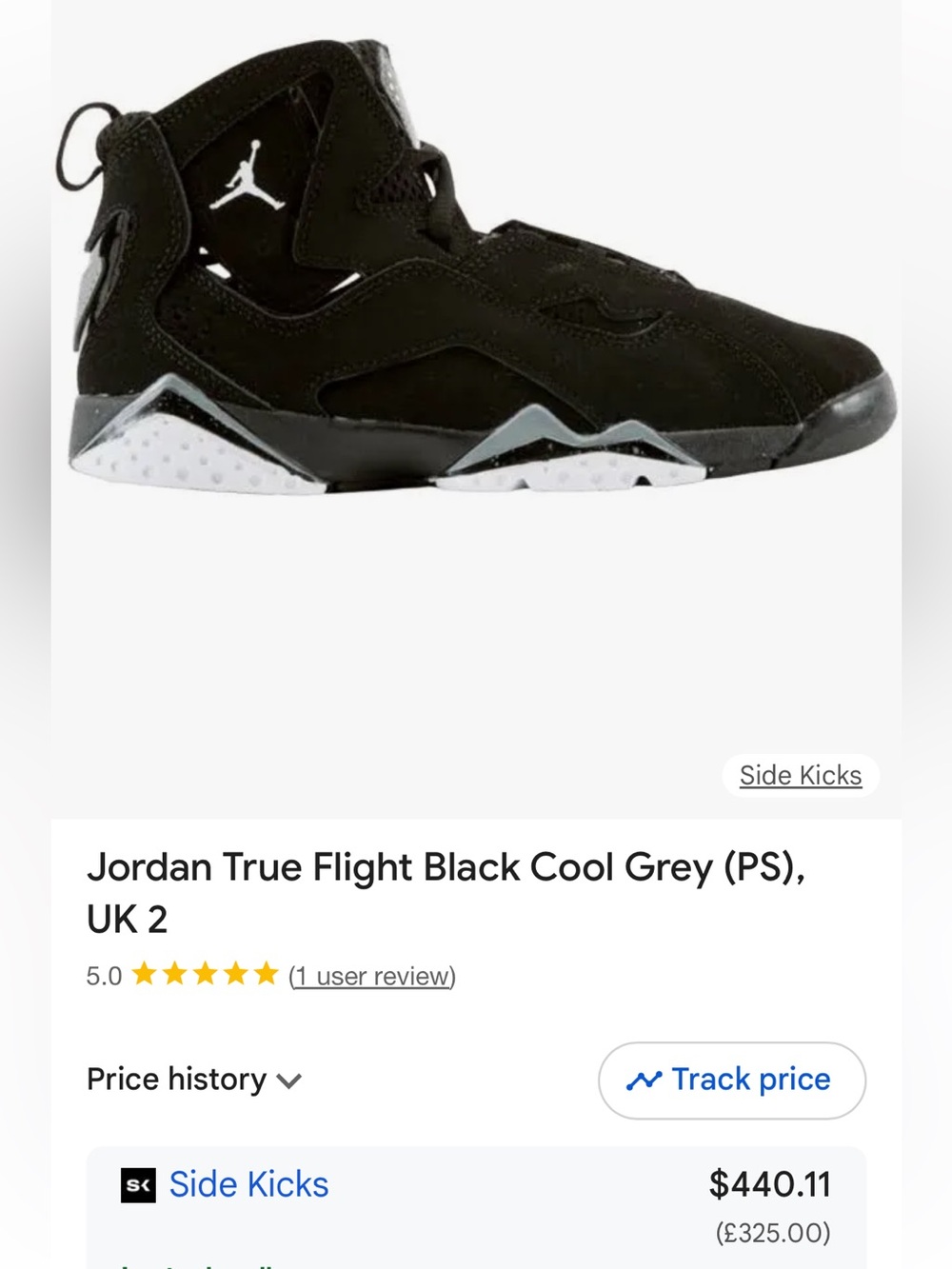 Jordan True Flight (PS) Black/White-Black-Cool Grey 3Y - Picture 6 of 6